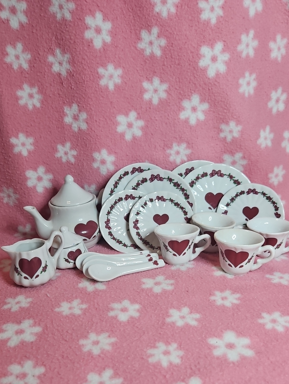 18 Piece Vintage White Ceramic Tea Set with Red Heart Accent